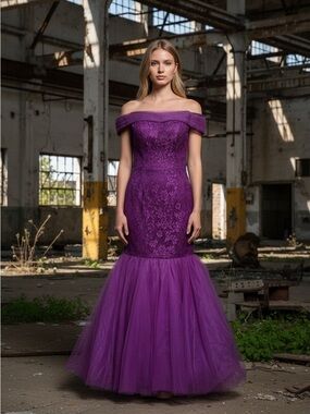 Purple Lace off the shoulder Gown
